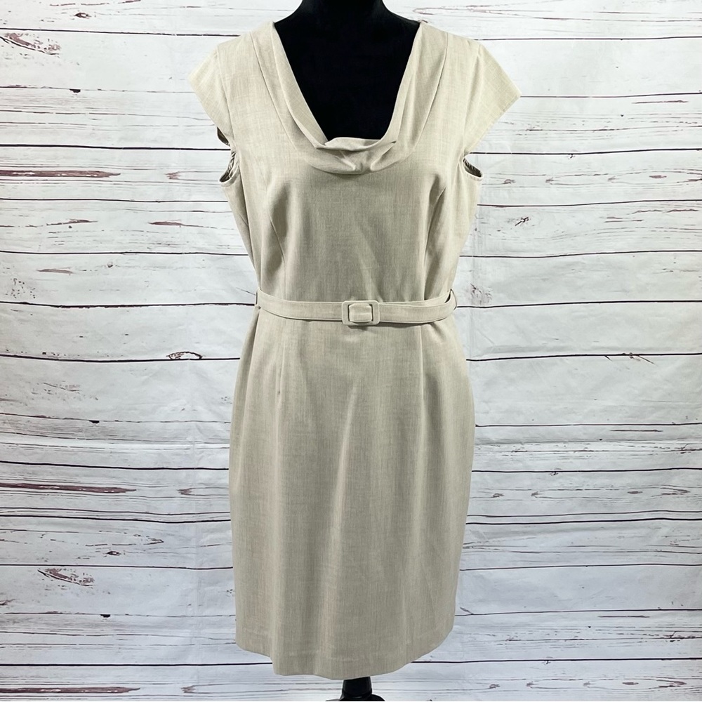 Calvin Klein Women's Sheath Dress Cowl Neck Belted Beige Size 12.